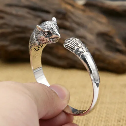 Real Solid 925 Sterling Silver Cuff Bracelet Bangle Animals Owl Punk Jewelry