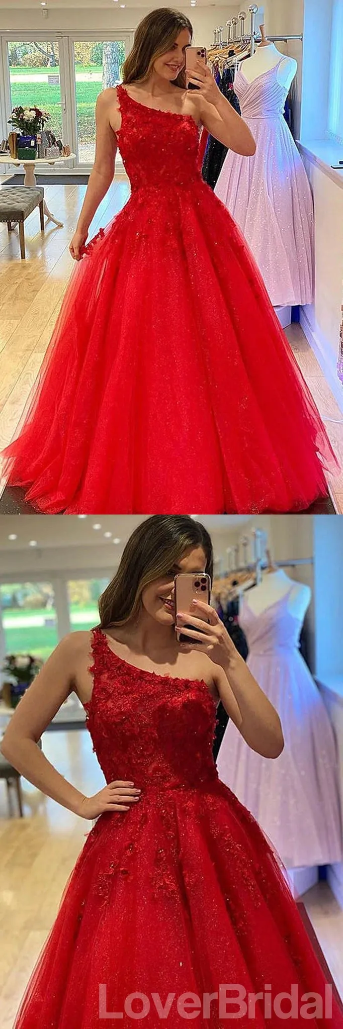 Red A-line One Shoulder Cheap Long Prom Dresses, Evening Party Dresses,12665