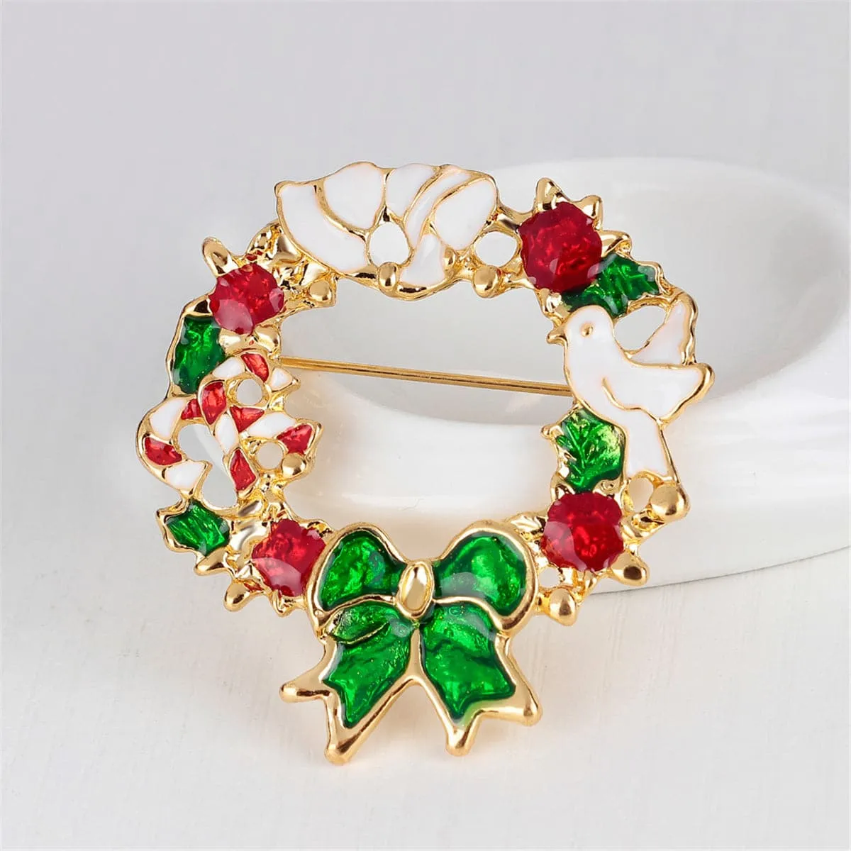 Red & 18K Gold-Plated Floral Bow Wreath Brooch
