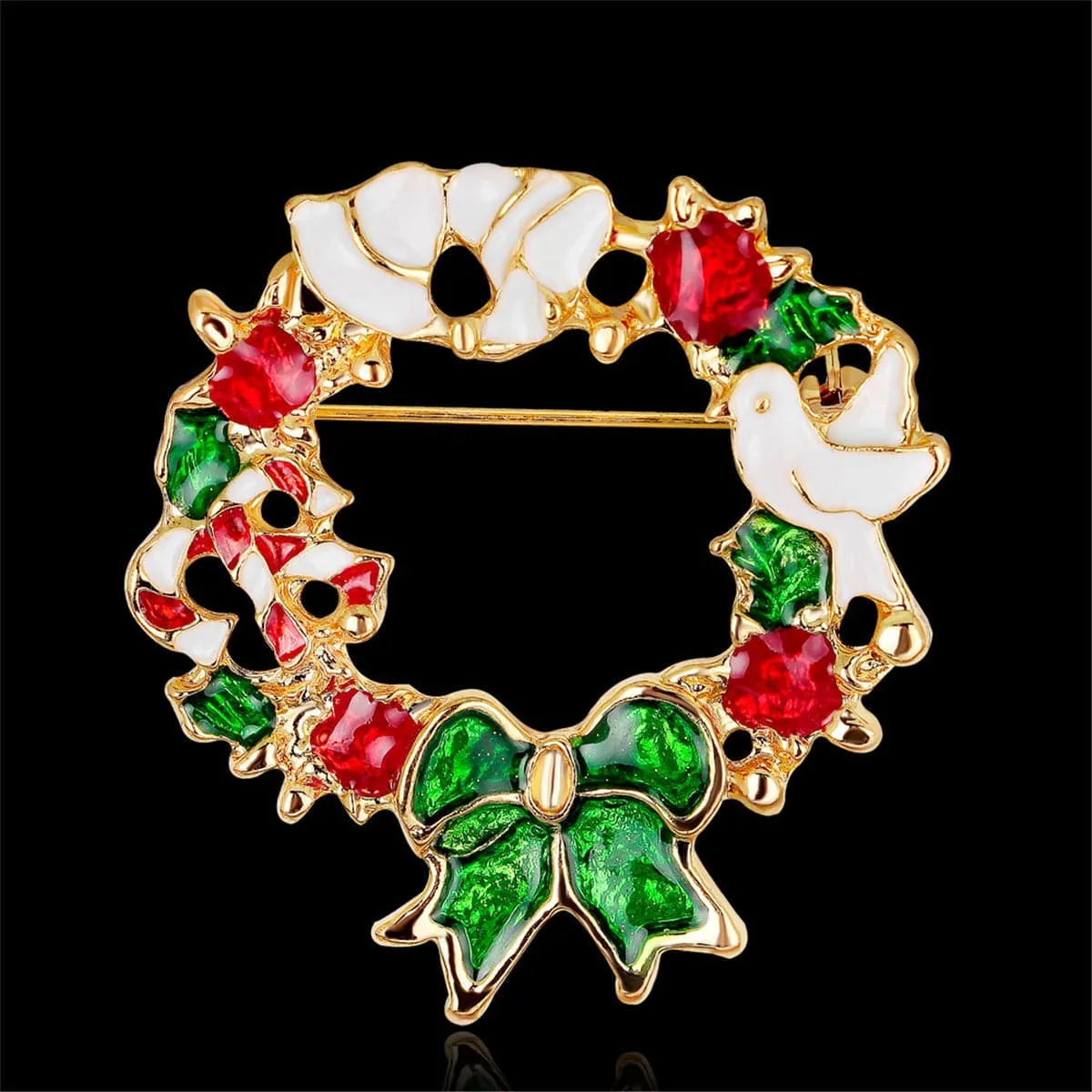 Red & 18K Gold-Plated Floral Bow Wreath Brooch