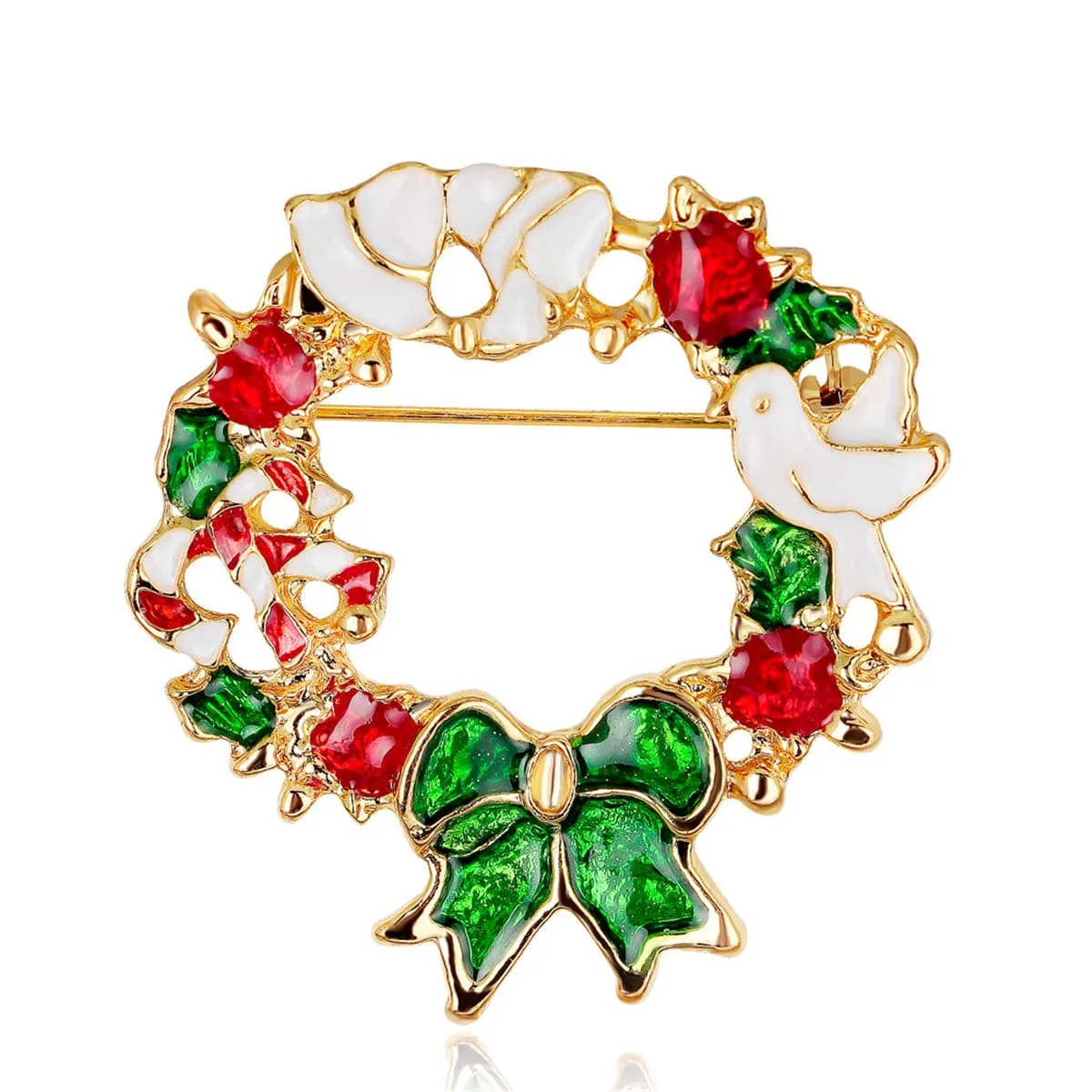 Red & 18K Gold-Plated Floral Bow Wreath Brooch
