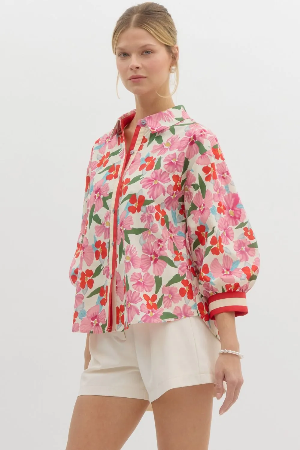 Red & Pink Floral Button Down
