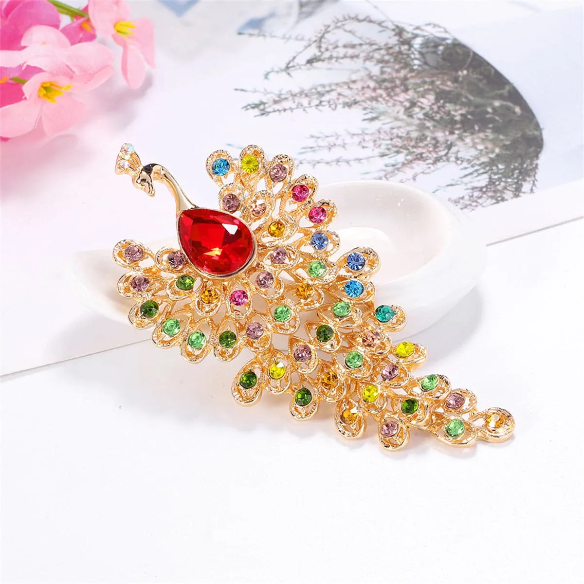 Red Crystal & Cubic Zirconia 18K Gold-Plated Peacock Brooch