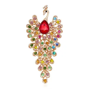 Red Crystal & Cubic Zirconia 18K Gold-Plated Peacock Brooch