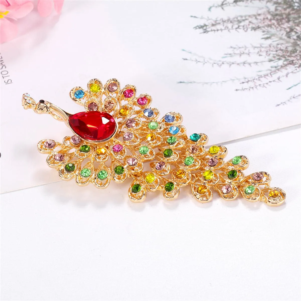 Red Crystal & Cubic Zirconia 18K Gold-Plated Peacock Brooch