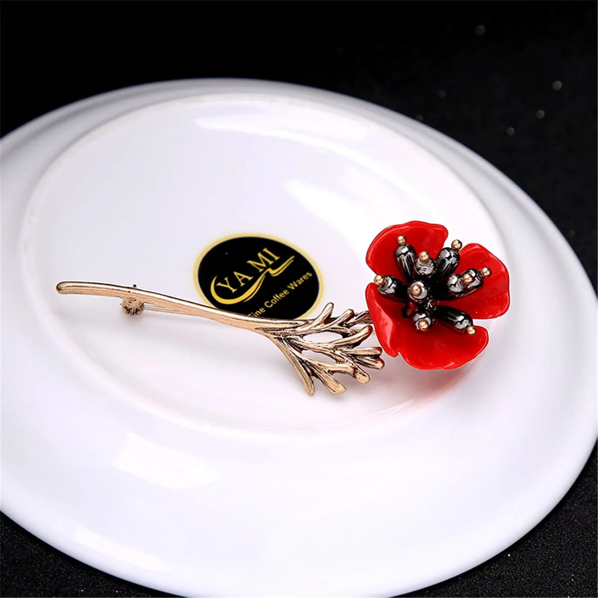 Red Enamel & Pearl 18k Gold-Plated Plum Blossom Brooch