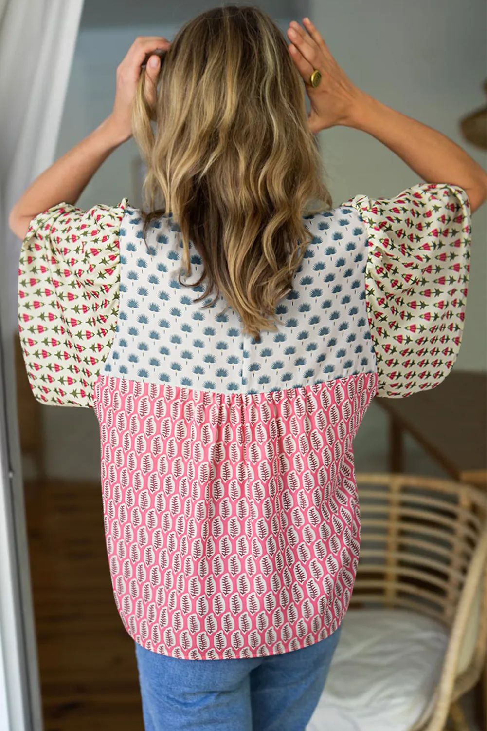 Red Floral Colorblock Flutter Cape Style Sleeves Blouse