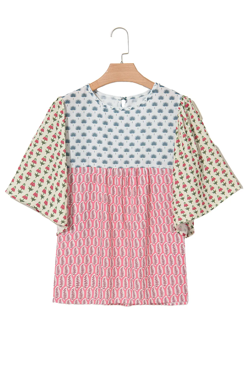 Red Floral Colorblock Flutter Cape Style Sleeves Blouse