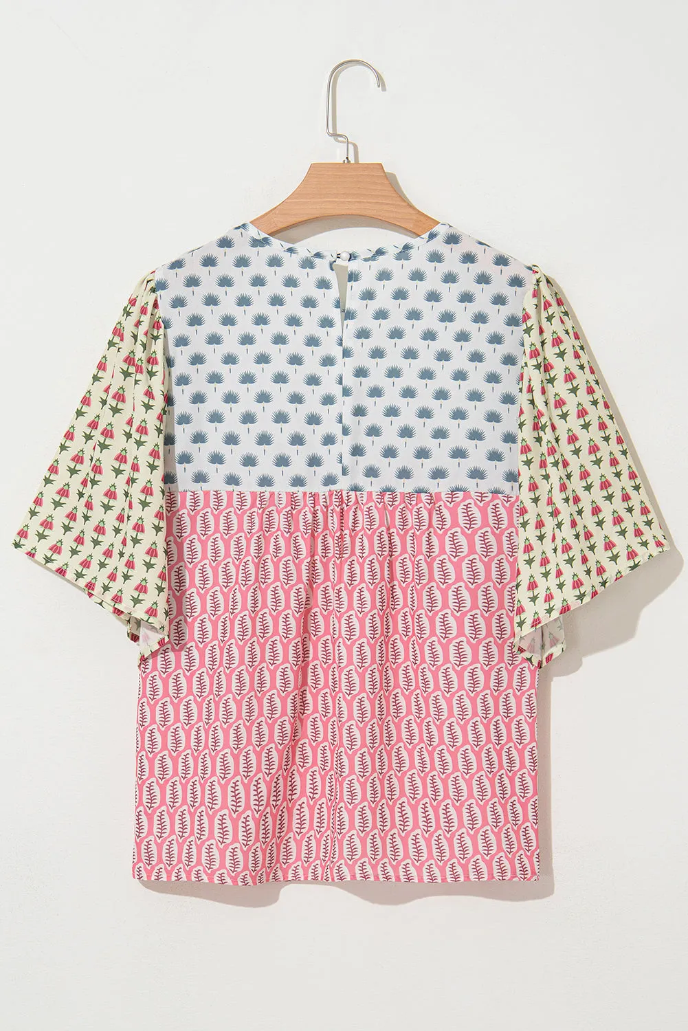 Red Floral Colorblock Flutter Cape Style Sleeves Blouse
