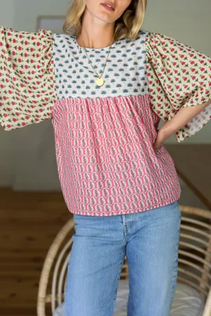 Red Floral Colorblock Flutter Cape Style Sleeves Blouse