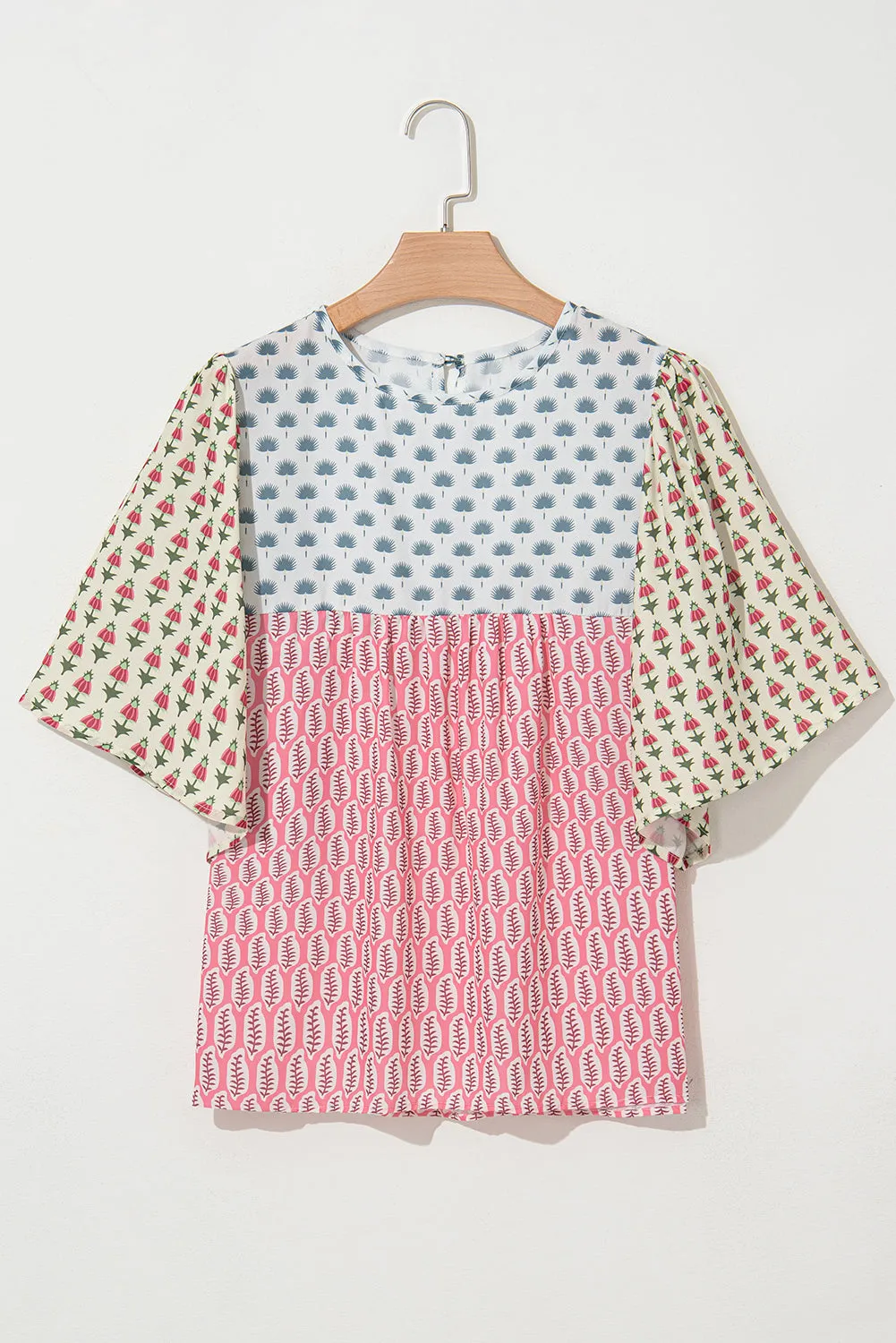 Red Floral Colorblock Flutter Cape Style Sleeves Blouse
