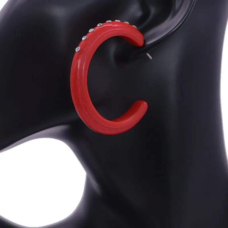 Red Glossy Rhinestone Hoop Earrings