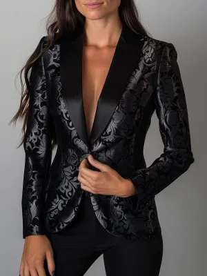 Refined Black and Silver Floral Jacquard Blazer