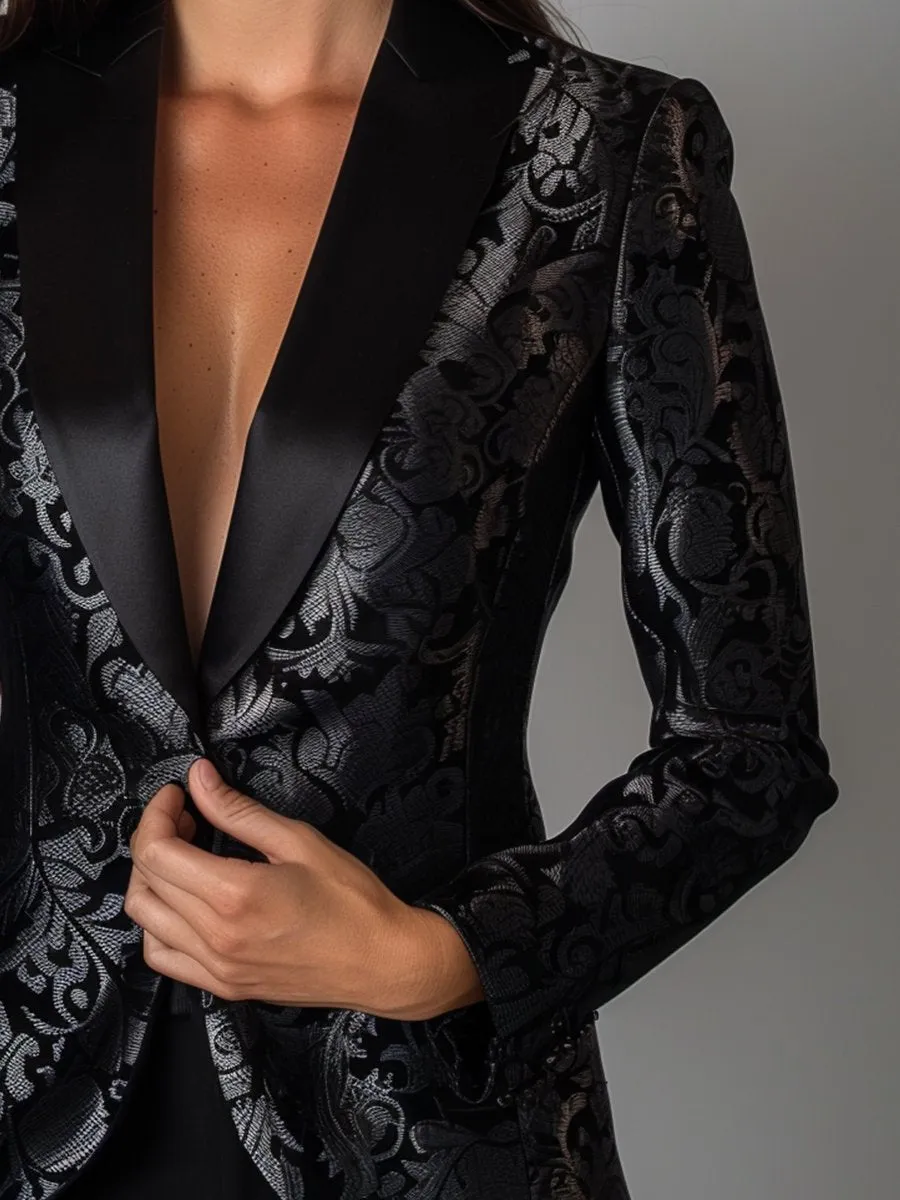 Refined Black and Silver Floral Jacquard Blazer