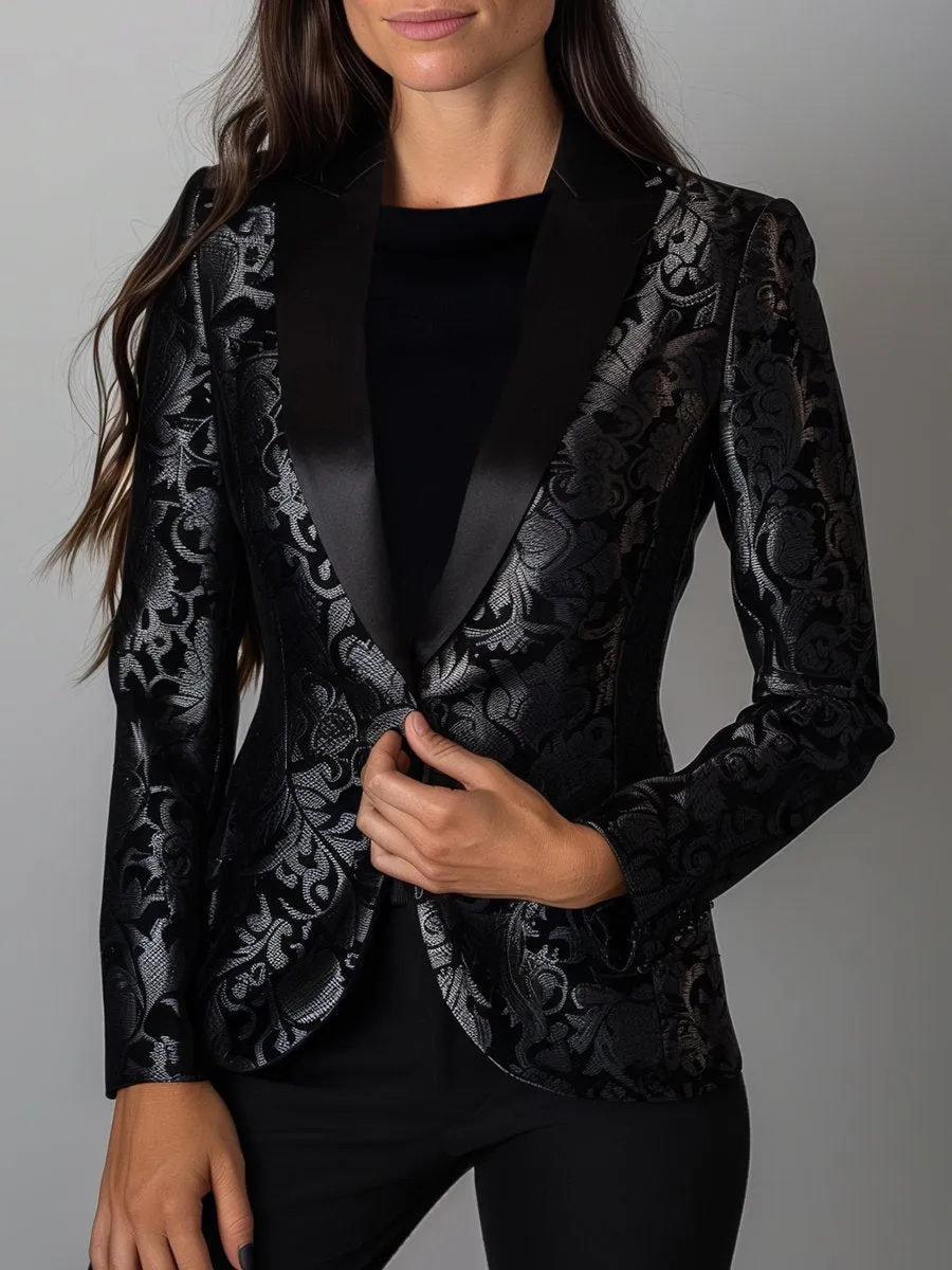 Refined Black and Silver Floral Jacquard Blazer