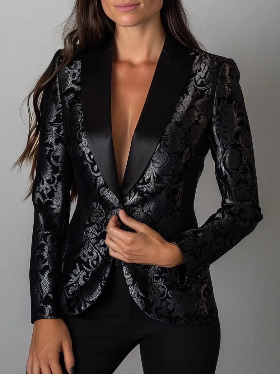 Refined Black and Silver Floral Jacquard Blazer