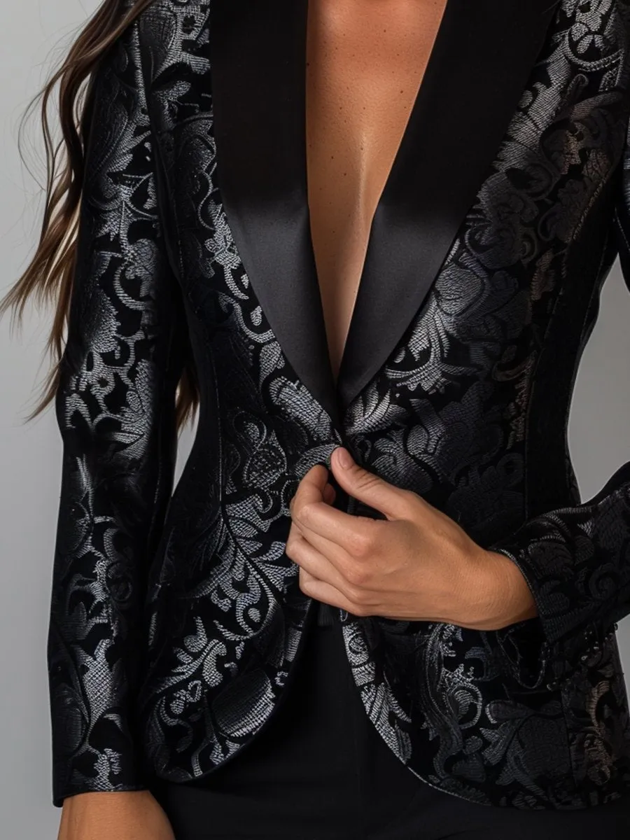 Refined Black and Silver Floral Jacquard Blazer