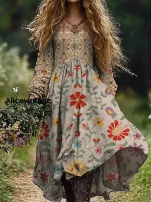 Retro Boho Floral Art Print Vintage Chic V-Neck Long Sleeve Midi Dress