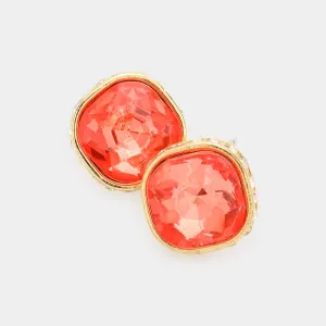 Rhinestone Trimmed Coral Square Stone Stud Earrings  | Interview Earrings | 575954