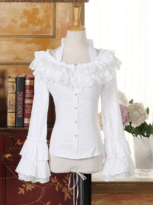 Rococo Lolita Blouse Chiffon Bell Sleeve Lace Ruffles Frills Scoop Neck White Lolita Top