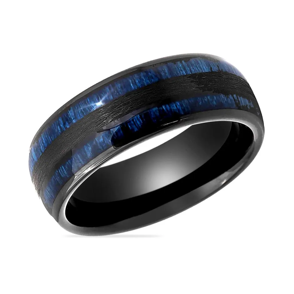 ROMEO | Black Tungsten Ring, Blue Wood Inlay, Domed