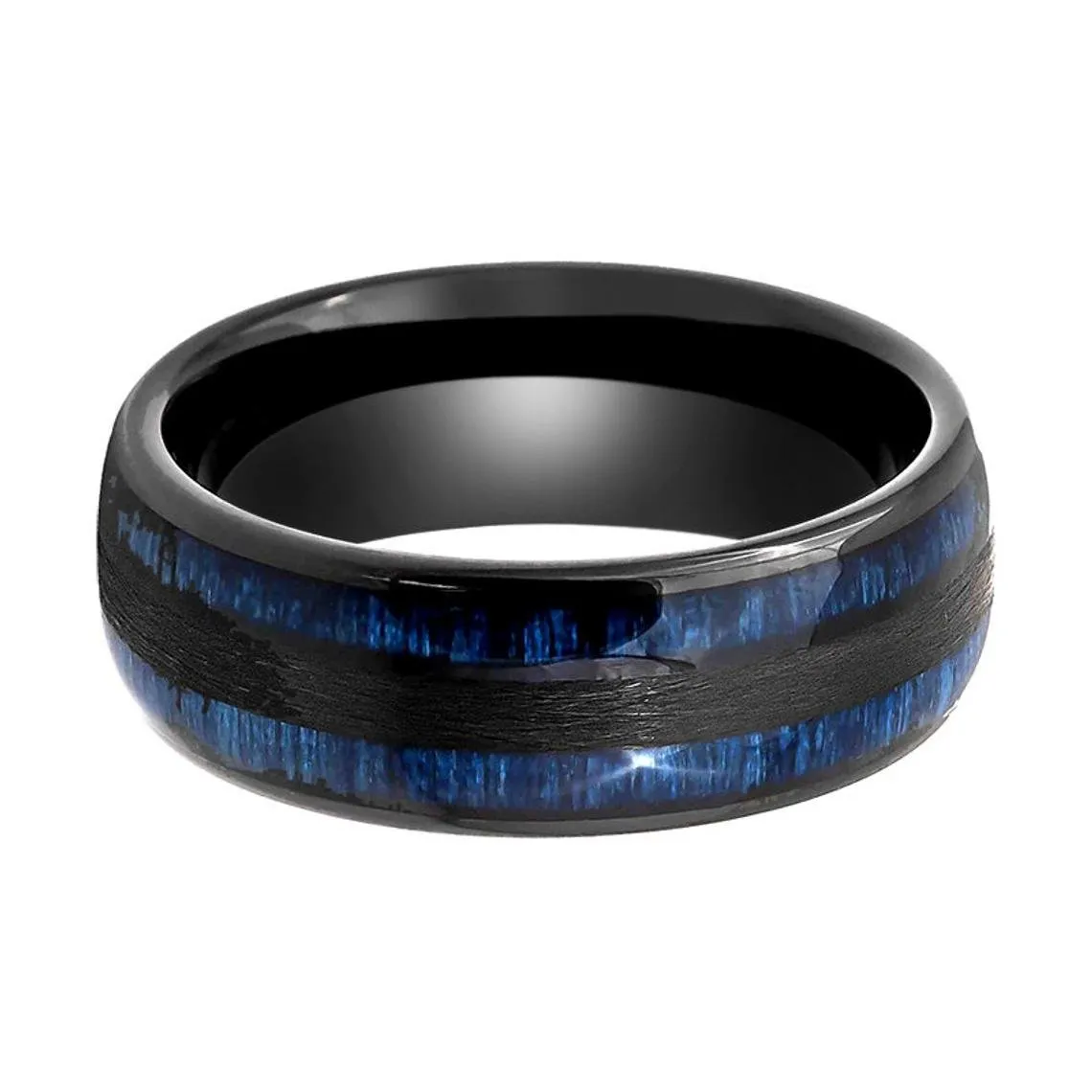 ROMEO | Black Tungsten Ring, Blue Wood Inlay, Domed
