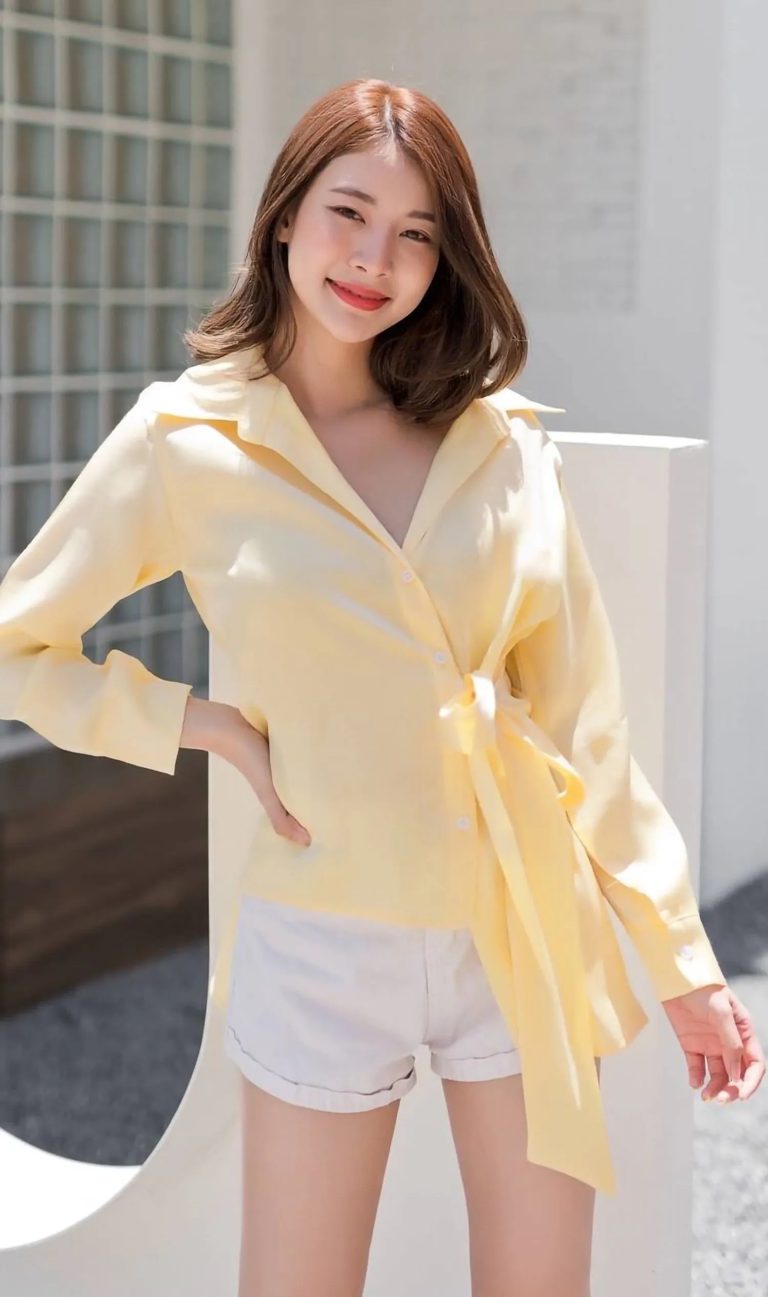 RORY Tie-Front Asymmetrical Button-Down (Lemon)