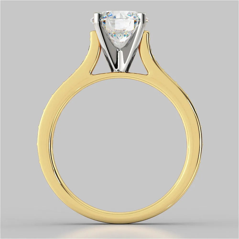 Round Cut Cathedral Style Channel Engagement Ring With Accents