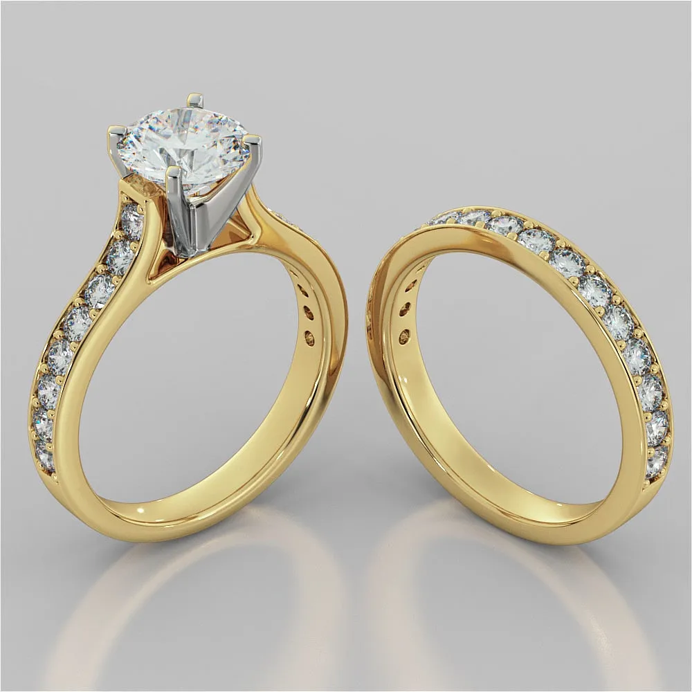 Round Cut Cathedral Style Channel Engagement Ring With Accents