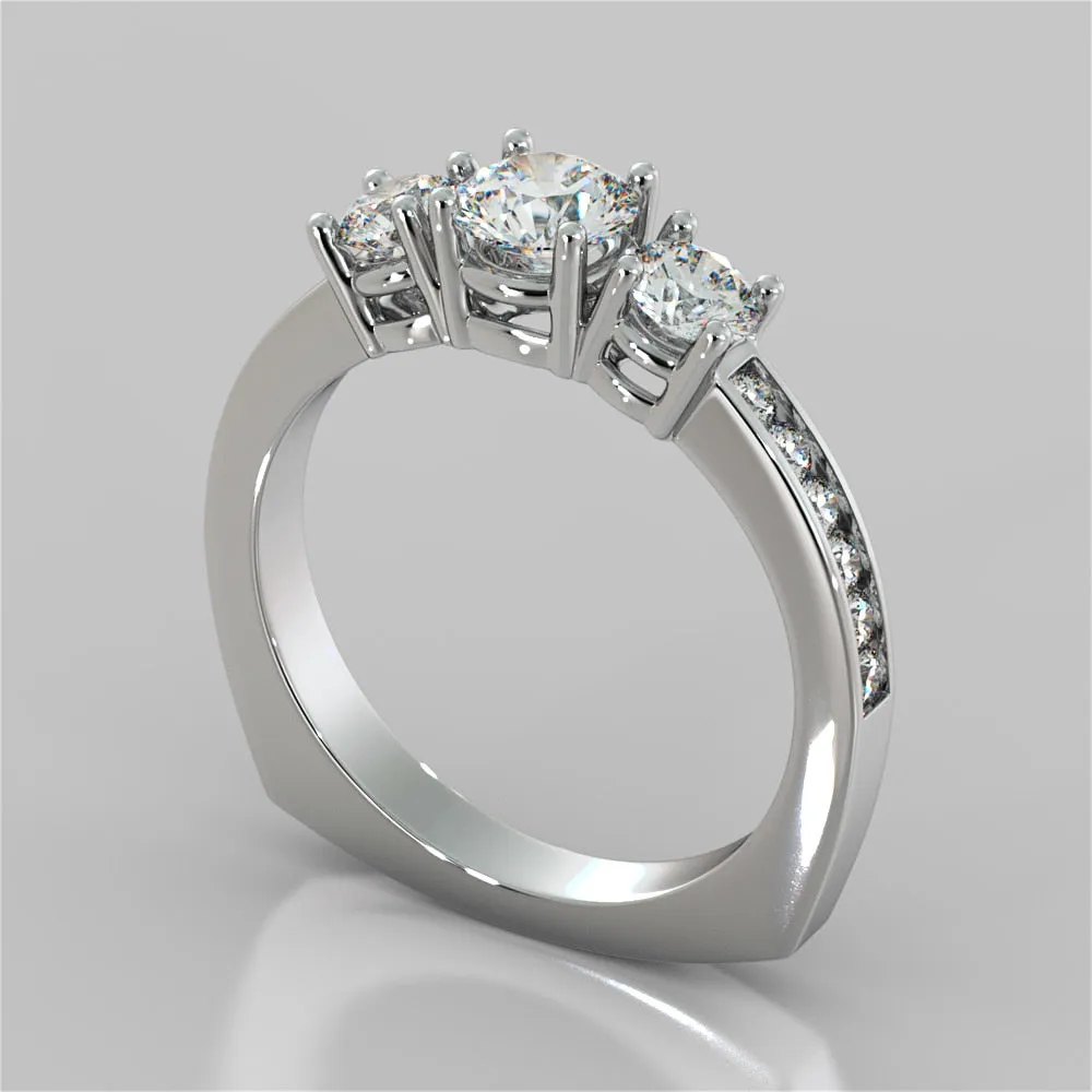 Round Cut Euro Style Three-Stone Wedding Set With 2 Matching Bands