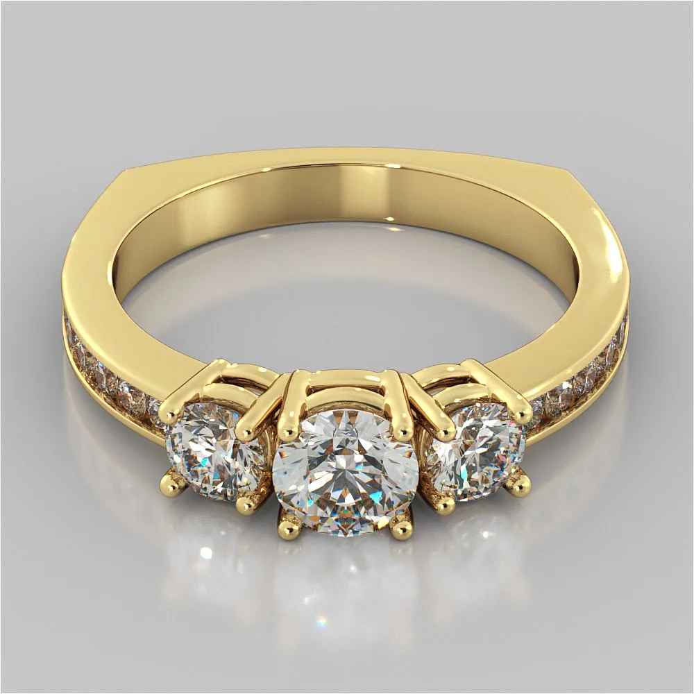 Round Cut Euro Style Three-Stone Wedding Set With 2 Matching Bands