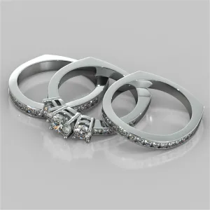 Round Cut Euro Style Three-Stone Wedding Set With 2 Matching Bands