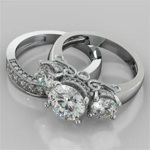 Round Cut Three-Stone Designer Wedding Set with Filigree Accents