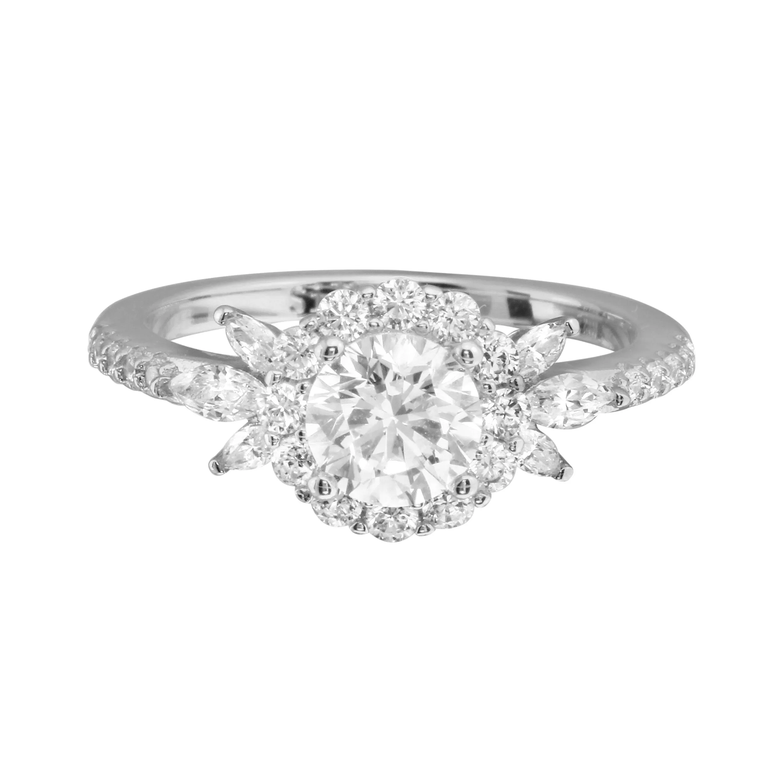 Round Diamond and Floral Halo Engagement Ring
