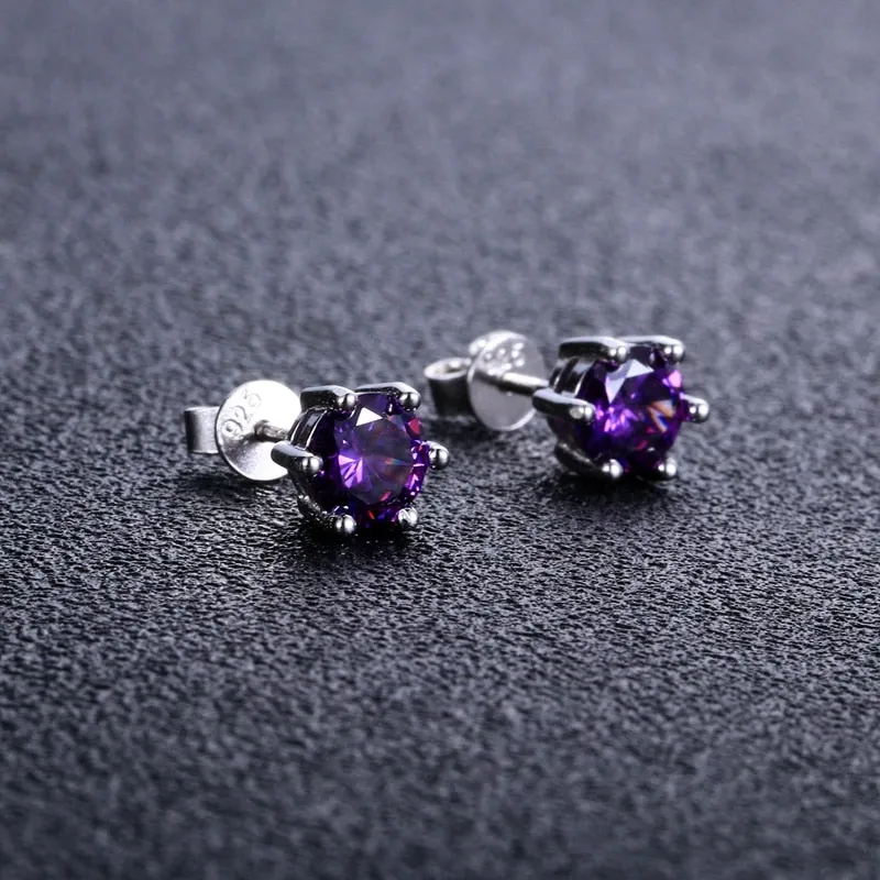 Round Purple Zircon Stud Earrings 925 Sterling Silver Wedding Jewelry