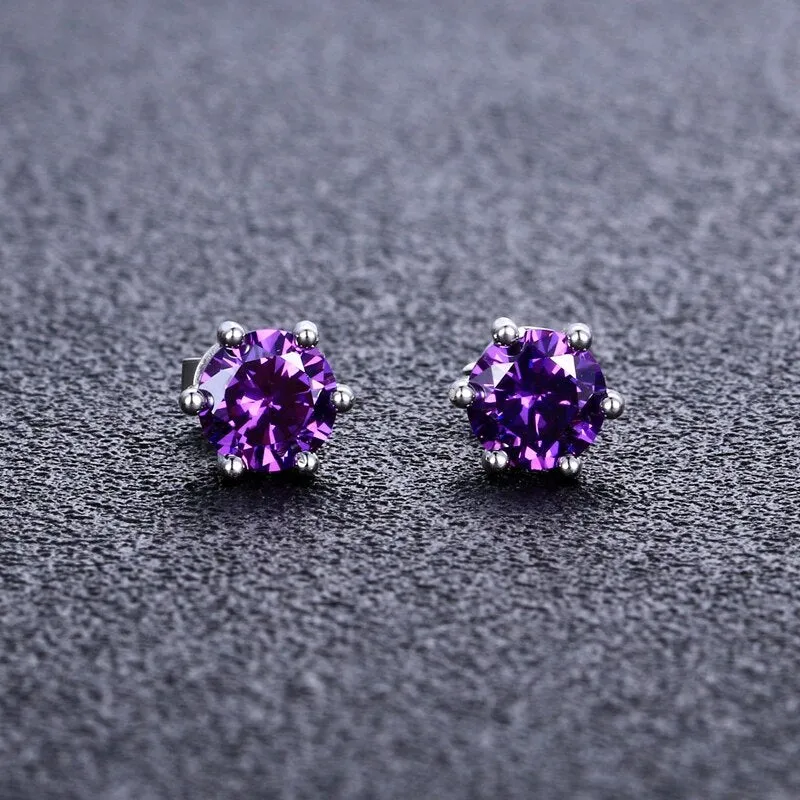 Round Purple Zircon Stud Earrings 925 Sterling Silver Wedding Jewelry