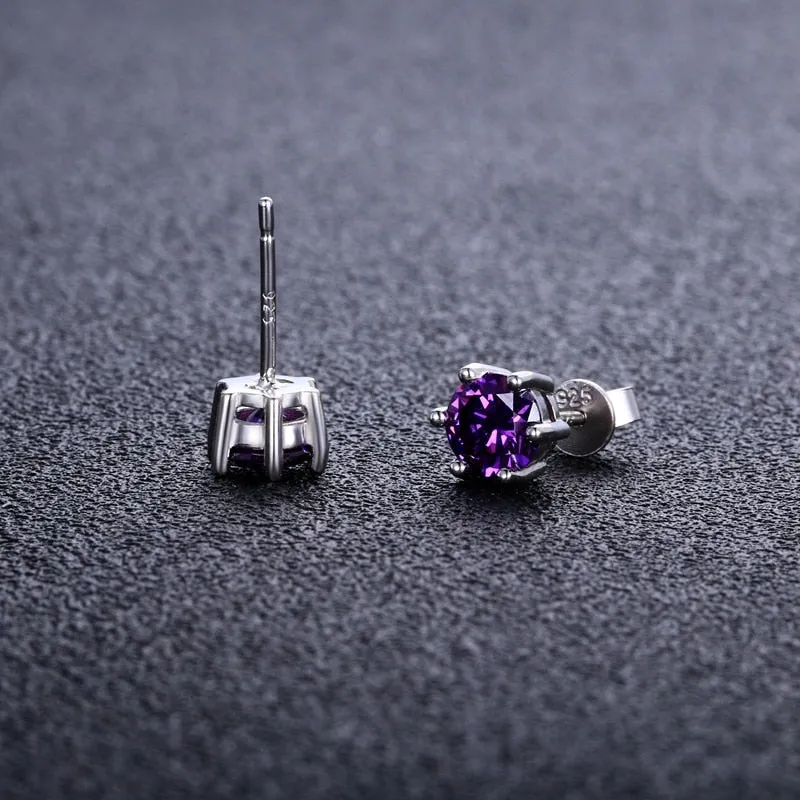 Round Purple Zircon Stud Earrings 925 Sterling Silver Wedding Jewelry