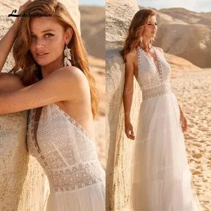 Roycebridal Bohemian Boho Wedding Dresses 2021 Halter Backless Vestido Novia Lace Beach Bridal Dress Simple Wedding Gown robe de mariee