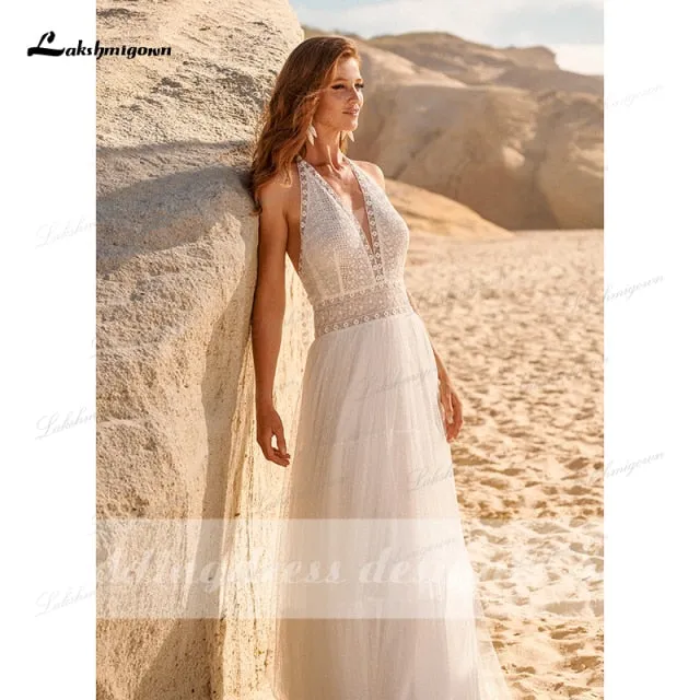Roycebridal Bohemian Boho Wedding Dresses 2021 Halter Backless Vestido Novia Lace Beach Bridal Dress Simple Wedding Gown robe de mariee