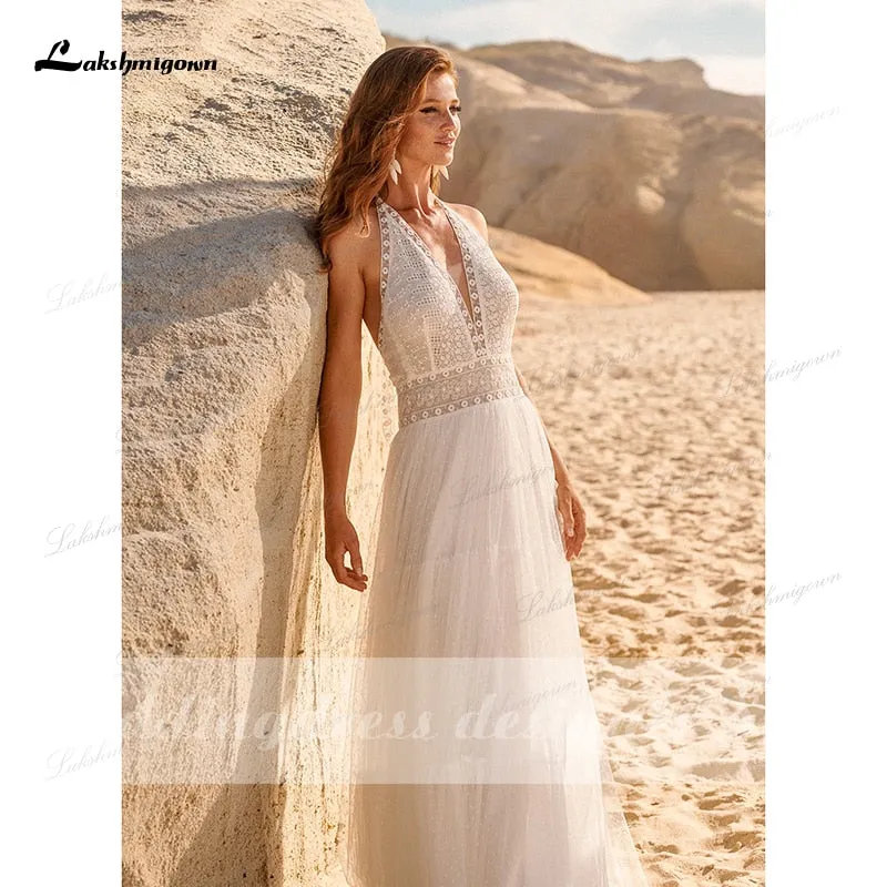 Roycebridal Bohemian Boho Wedding Dresses 2021 Halter Backless Vestido Novia Lace Beach Bridal Dress Simple Wedding Gown robe de mariee