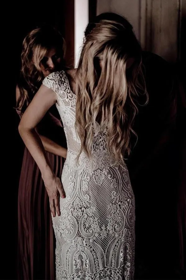 Roycebridal Cap Sleeve Sheath Boho Wedding Dresses Vintage Lace Rustic Wedding Dress,MW314