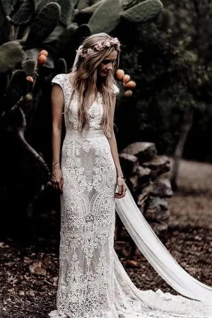 Roycebridal Cap Sleeve Sheath Boho Wedding Dresses Vintage Lace Rustic Wedding Dress,MW314