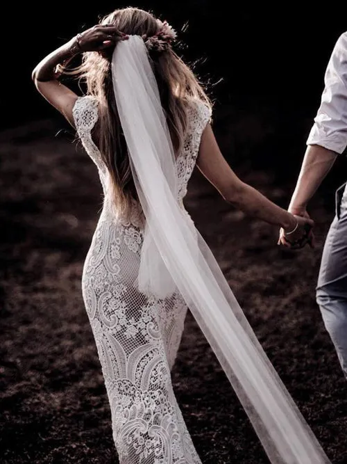 Roycebridal Cap Sleeve Sheath Boho Wedding Dresses Vintage Lace Rustic Wedding Dress,MW314