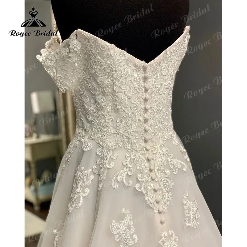 Roycebridal Cap Sleeve Sweep Train V Neck Lace Appliques Wedding Dress Off the Shoulder Sweep Train 2025  Civil Bridal Boho Wedding Gowns