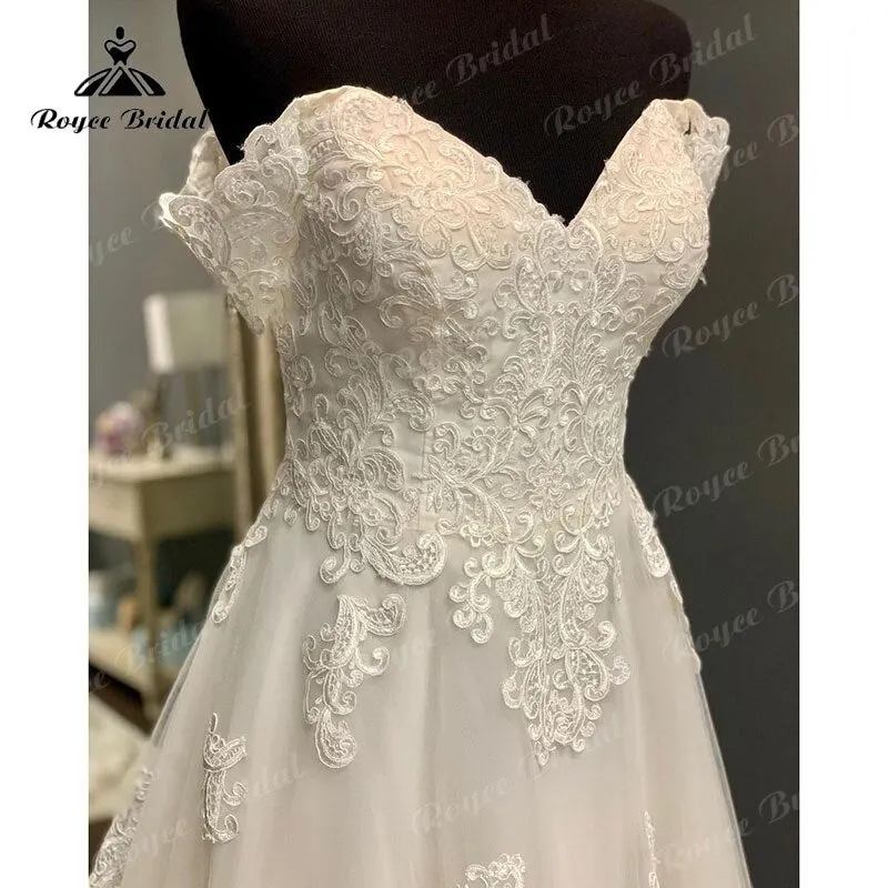 Roycebridal Cap Sleeve Sweep Train V Neck Lace Appliques Wedding Dress Off the Shoulder Sweep Train 2025  Civil Bridal Boho Wedding Gowns