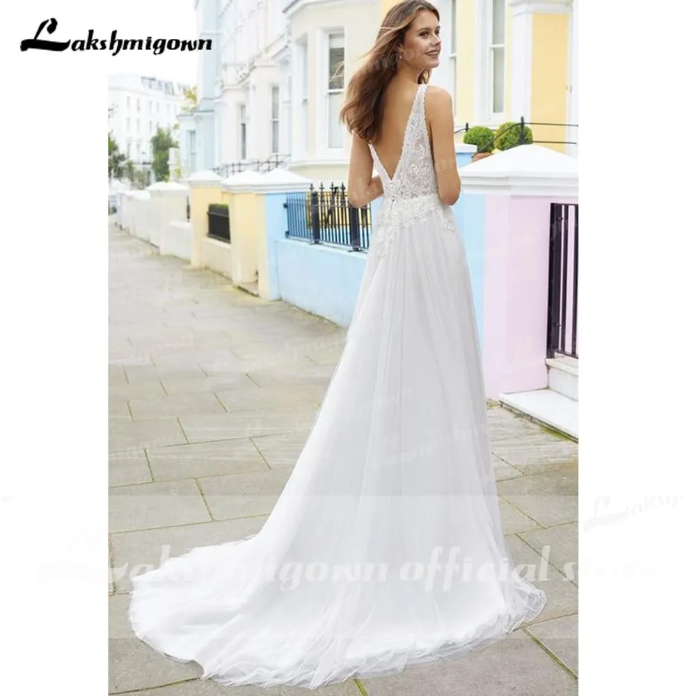 Roycebridal Deep V Neck Lace Backless Wedding Dresses