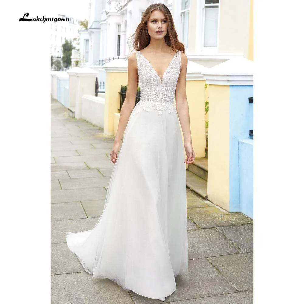 Roycebridal Deep V Neck Lace Backless Wedding Dresses