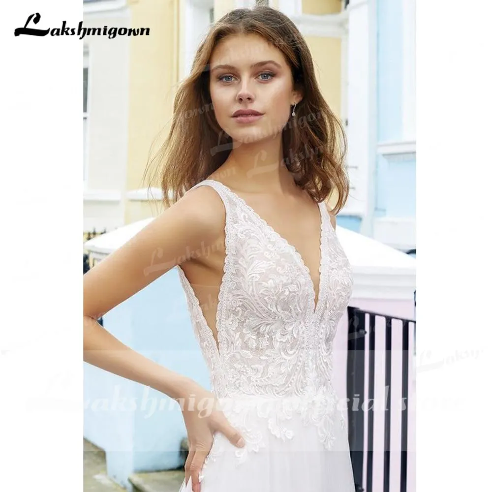 Roycebridal Deep V Neck Lace Backless Wedding Dresses