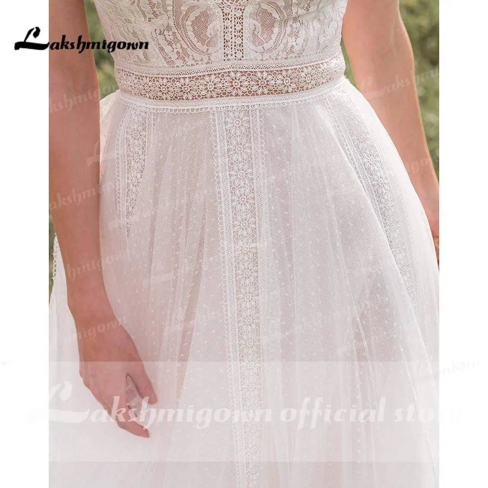 Roycebridal Deep V Neck Lace Top Chiffon Wedding Dresses Short Sleeve
