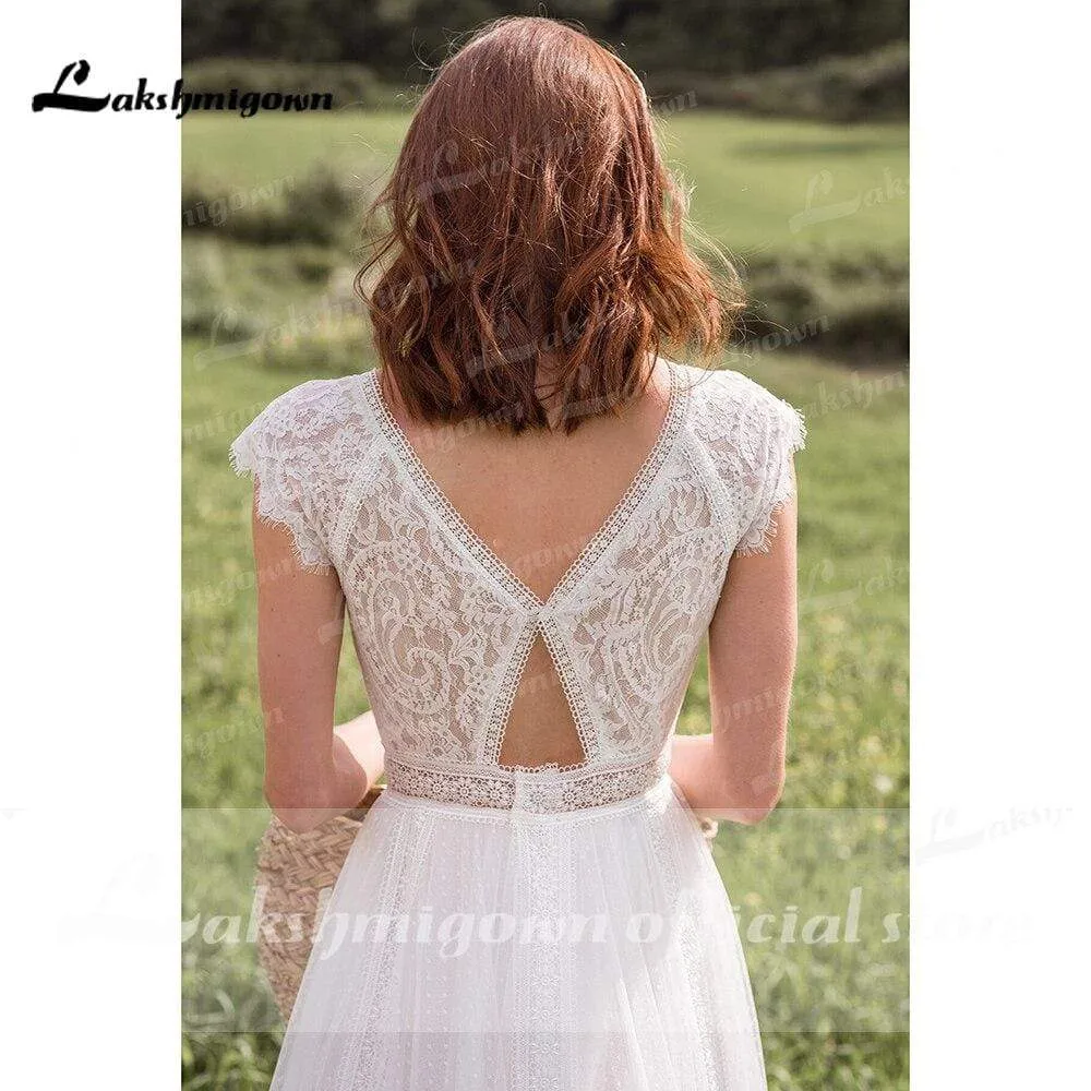 Roycebridal Deep V Neck Lace Top Chiffon Wedding Dresses Short Sleeve